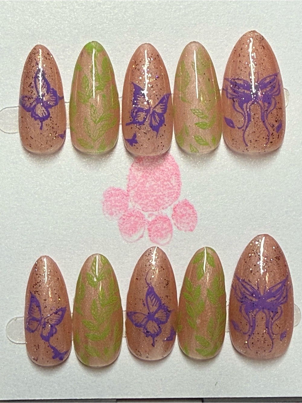 Handmade pink glitter  Nail Art Set with Purple Butterflies and Green Leaves